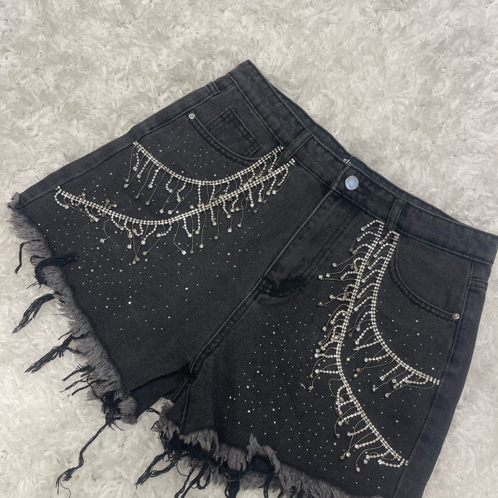 Embellished Black Denim Shorts